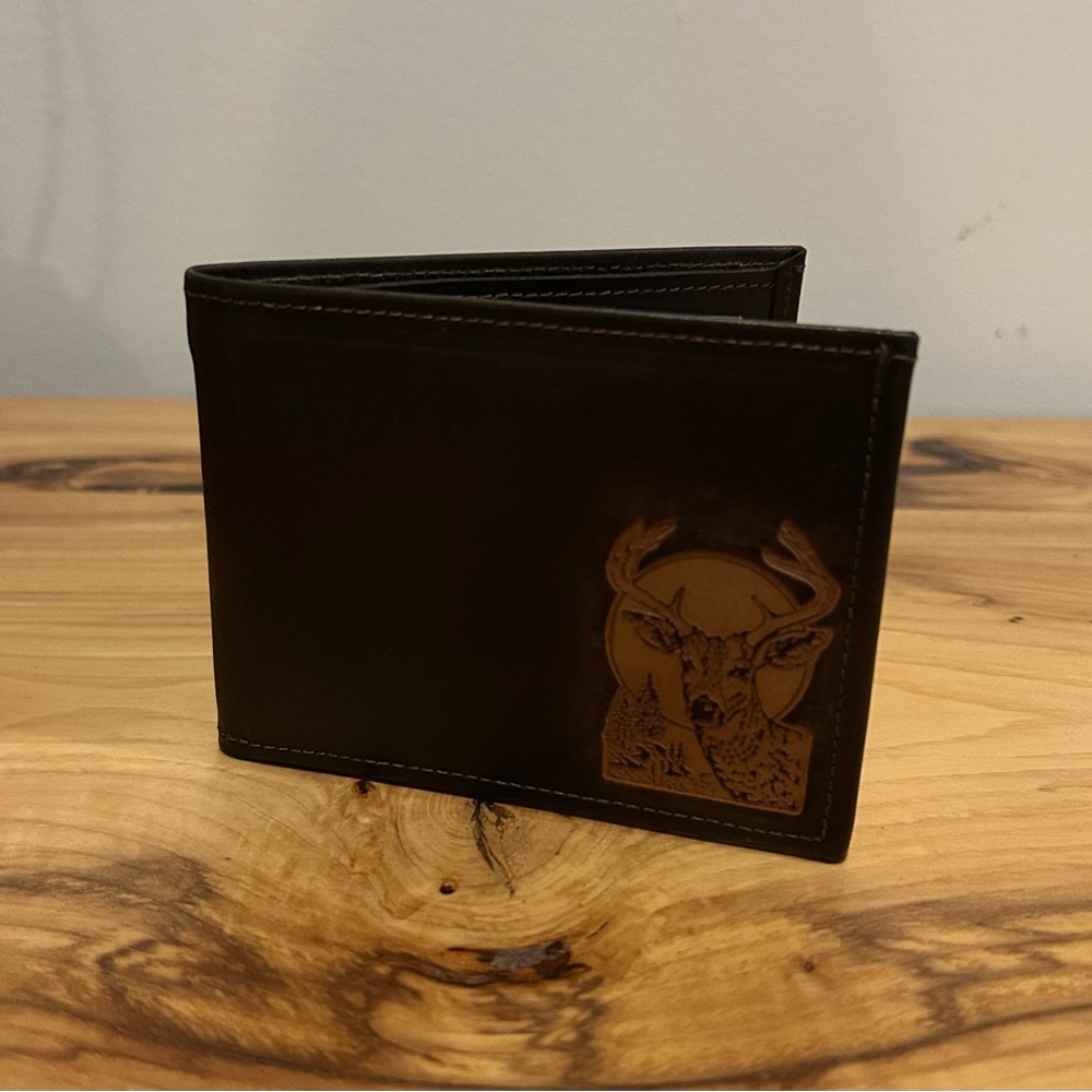 Vintage 1989 Deer Embossed LeBaron Leather Wallet, By Sierra Sport, Dark Brown